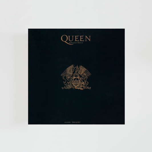 Portada del vinilo Greatest Hits II de Queen, con el logo de la banda sobre un fondo negro, recopilación de los grandes éxitos de los años 80, álbum de rock británico de 1991.