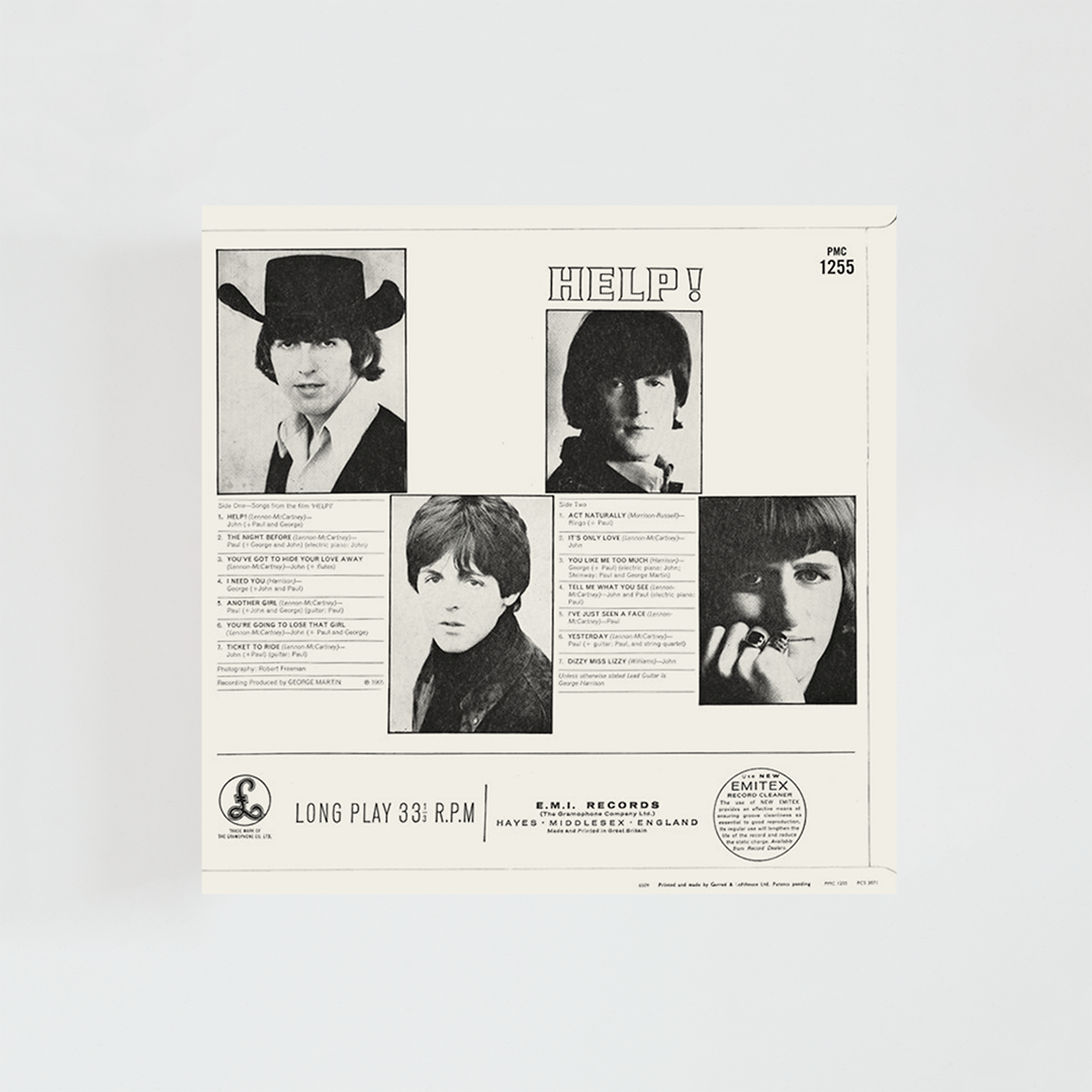 Contraportada del vinilo Help! de The Beatles, mostrando fotos de los cuatro miembros en diferentes poses y el listado de canciones del álbum clásico de rock británico de 1965.