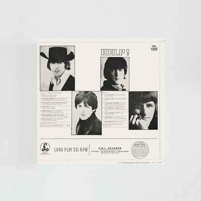 Contraportada del vinilo Help! de The Beatles, mostrando fotos de los cuatro miembros en diferentes poses y el listado de canciones del álbum clásico de rock británico de 1965.