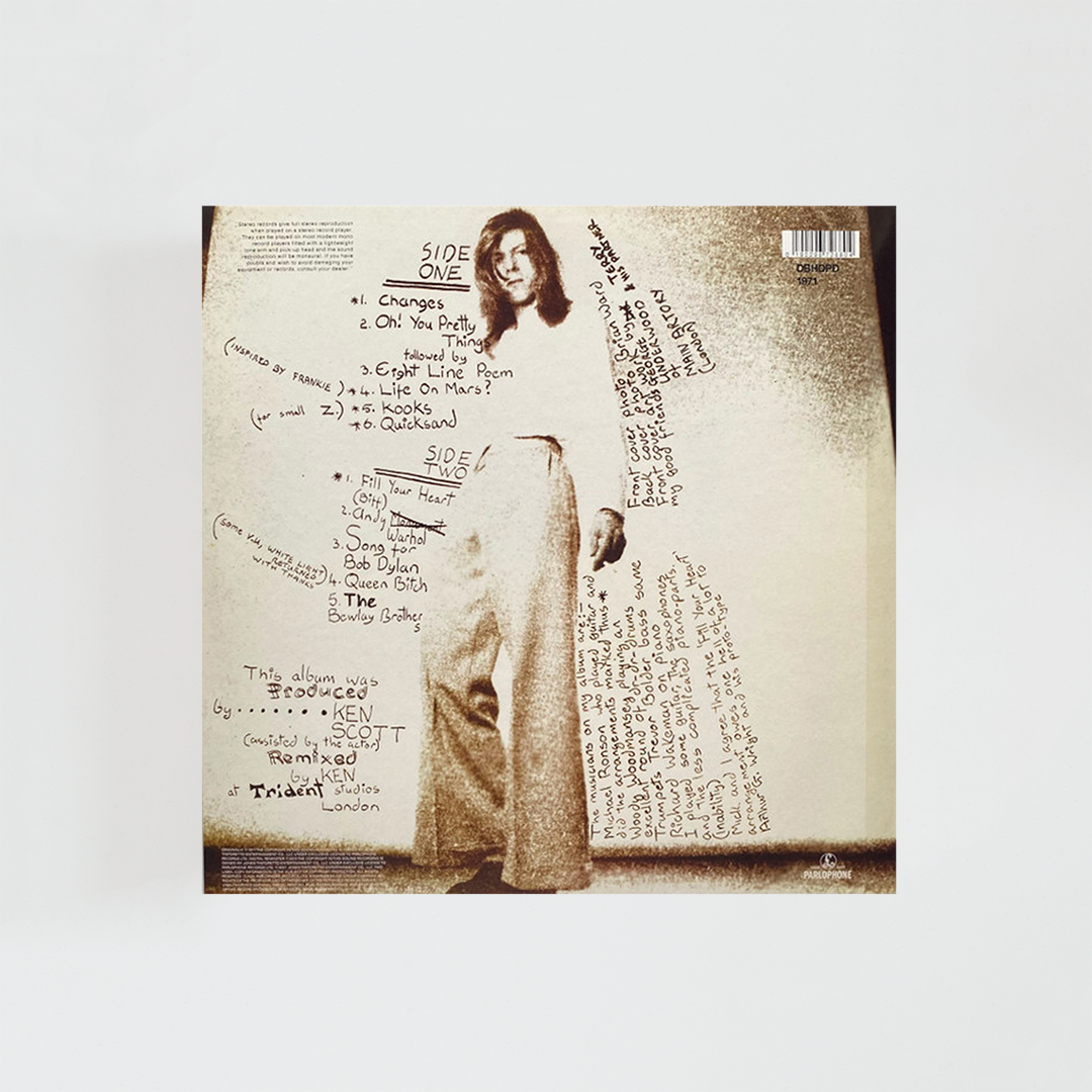 Contraportada del vinilo Hunky Dory de David Bowie, mostrando el listado de canciones del álbum clásico de glam rock británico de 1971 y créditos del artista.