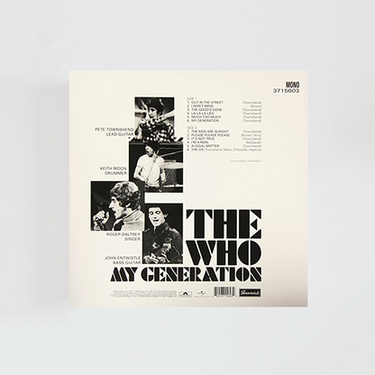 Contraportada del vinilo My Generation (Half-Speed Remastered) de The Who, mostrando el listado de canciones y créditos del álbum clásico de rock británico de 1965.