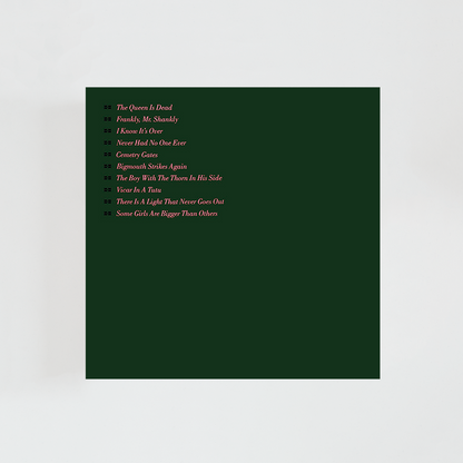 Contraportada del vinilo The Queen Is Dead de The Smiths, mostrando el listado de canciones y créditos del álbum clásico de indie rock británico de 1986.