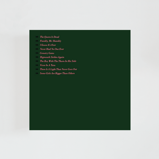 Contraportada del vinilo The Queen Is Dead de The Smiths, mostrando el listado de canciones y créditos del álbum clásico de indie rock británico de 1986.