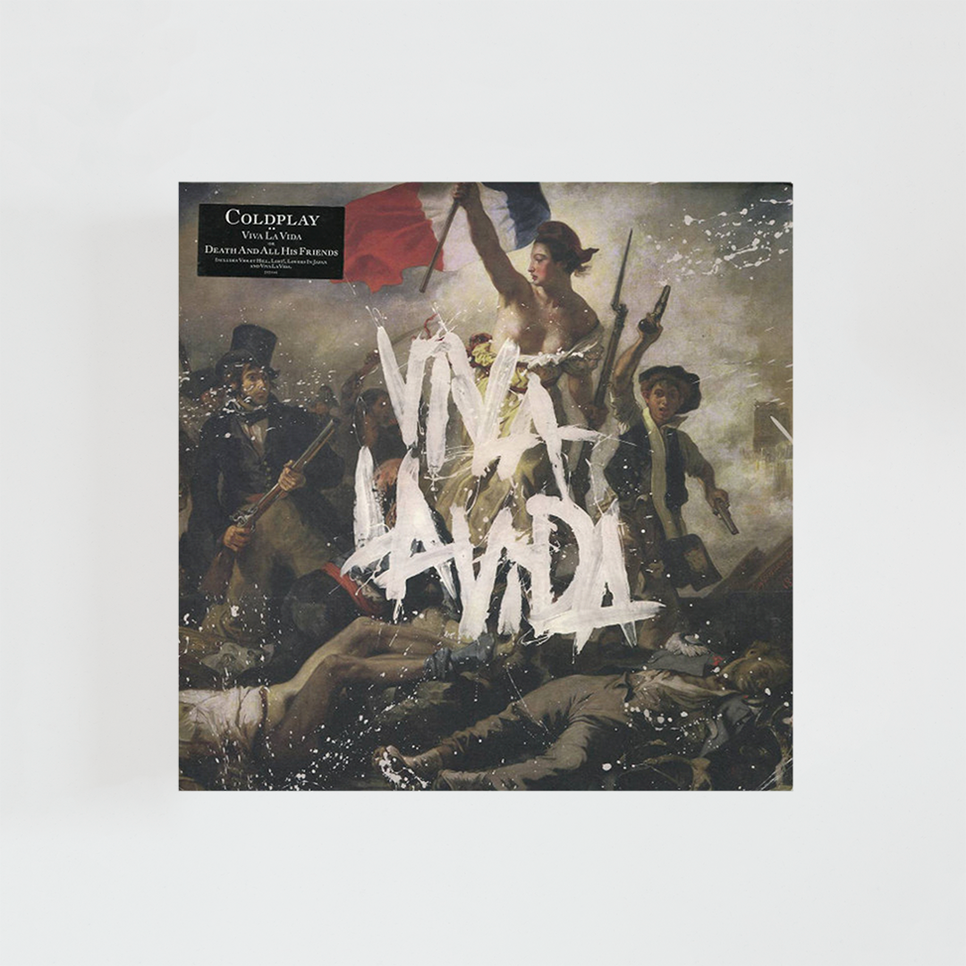 Portada del álbum Viva la Vida or Death and All His Friends de Coldplay con la pintura La Libertad guiando al pueblo de Eugène Delacroix y el título "Viva la Vida" pintado en blanco sobre la imagen.