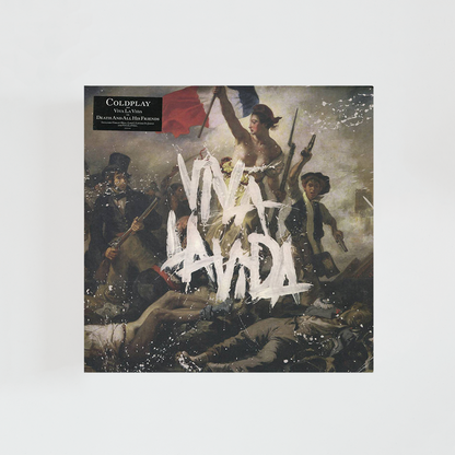 Portada del álbum Viva la Vida or Death and All His Friends de Coldplay con la pintura La Libertad guiando al pueblo de Eugène Delacroix y el título "Viva la Vida" pintado en blanco sobre la imagen.