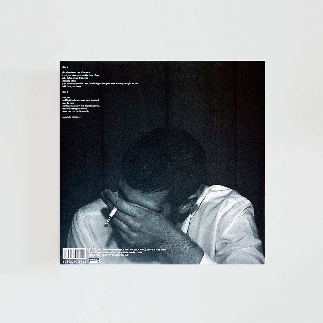 Contraportada del vinilo Whatever People Say I Am, That’s What I’m Not de Arctic Monkeys, con la icónica imagen de un hombre exhalando humo de un cigarrillo, álbum debut de rock británico de 2006.