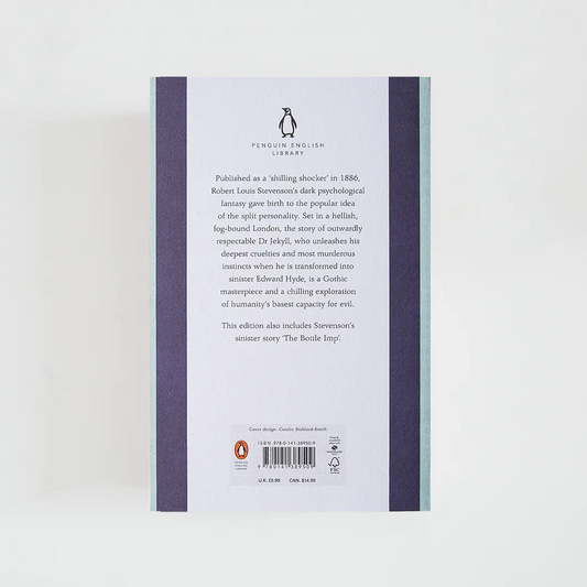 Trasera morada y celeste con sinopsis del libro en inglés Dr Jekyll and Mr Hyde de Robert Louis Stevenson de la colección Penguin English Library sobre fondo blanco.
