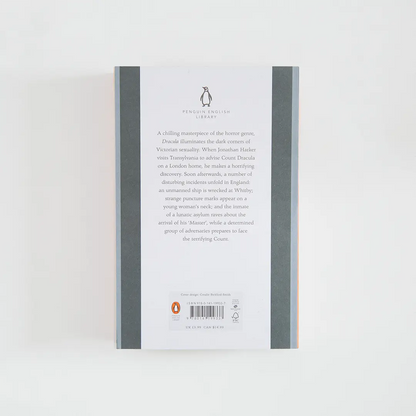 Trasera en tonos grises con sinopsis del libro en inglés Dracula de Bram Stoker de la colección Penguin English Library sobre fondo blanco.
