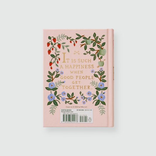 Contraportada del libro Emma de color rosa claro con ilustraciones de ornamentación clásica.