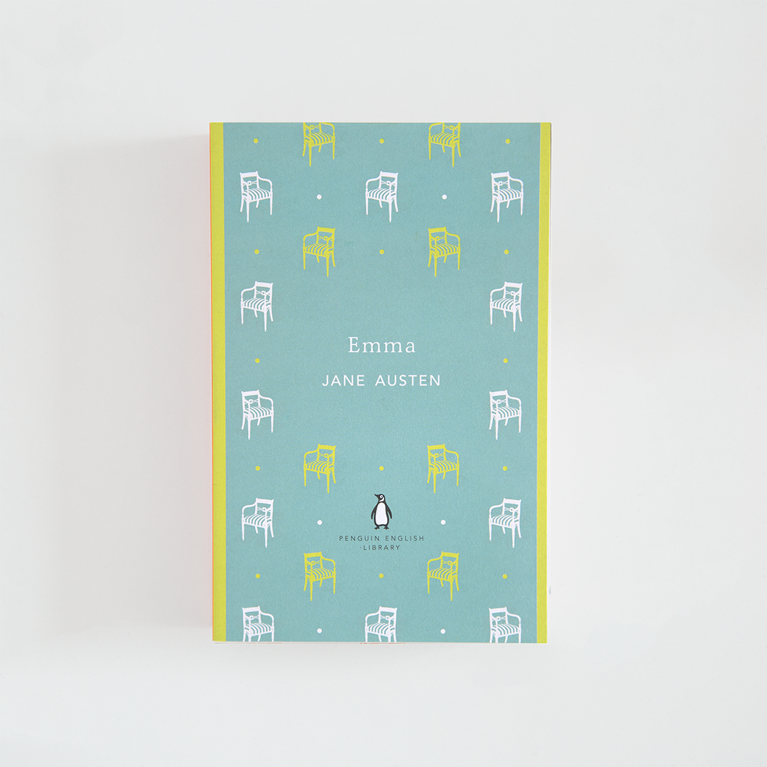 Portada turquesa y amarilla del libro en inglés Emma de Jane Austen de la colección Penguin English Library sobre fondo blanco.