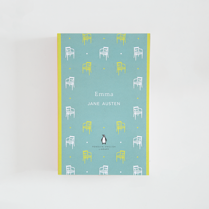 Portada turquesa y amarilla del libro en inglés Emma de Jane Austen de la colección Penguin English Library sobre fondo blanco.