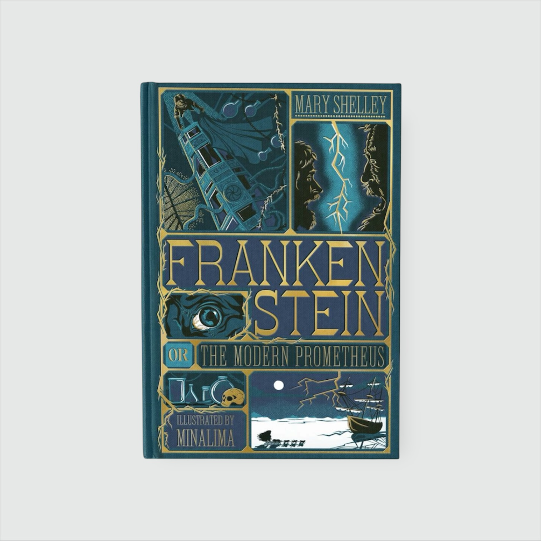 Portada de Frankenstein or The Modern Prometheus de Mary Shelley, edición ilustrada por MinaLima en azul oscuro y dorado.