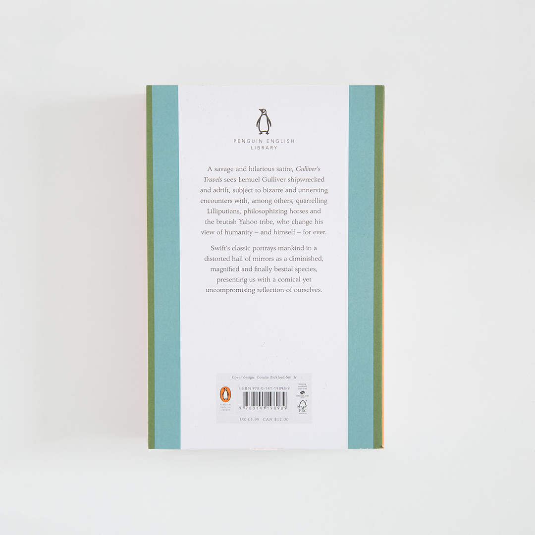 Contraportada del libro Gulliver's Travels de Jonathan Swift color turquesa con sinopsis sobre franja blanca.