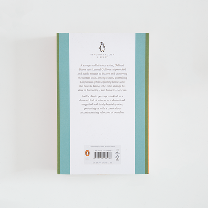 Contraportada del libro Gulliver's Travels de Jonathan Swift color turquesa con sinopsis sobre franja blanca.