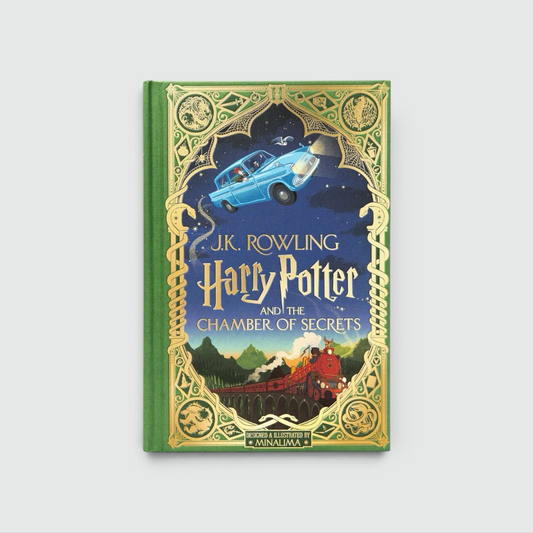 Portada de Harry Potter and the Chamber of Secrets de J. K. Rowling, edición MinaLima en verde con el Hogwarts Express.