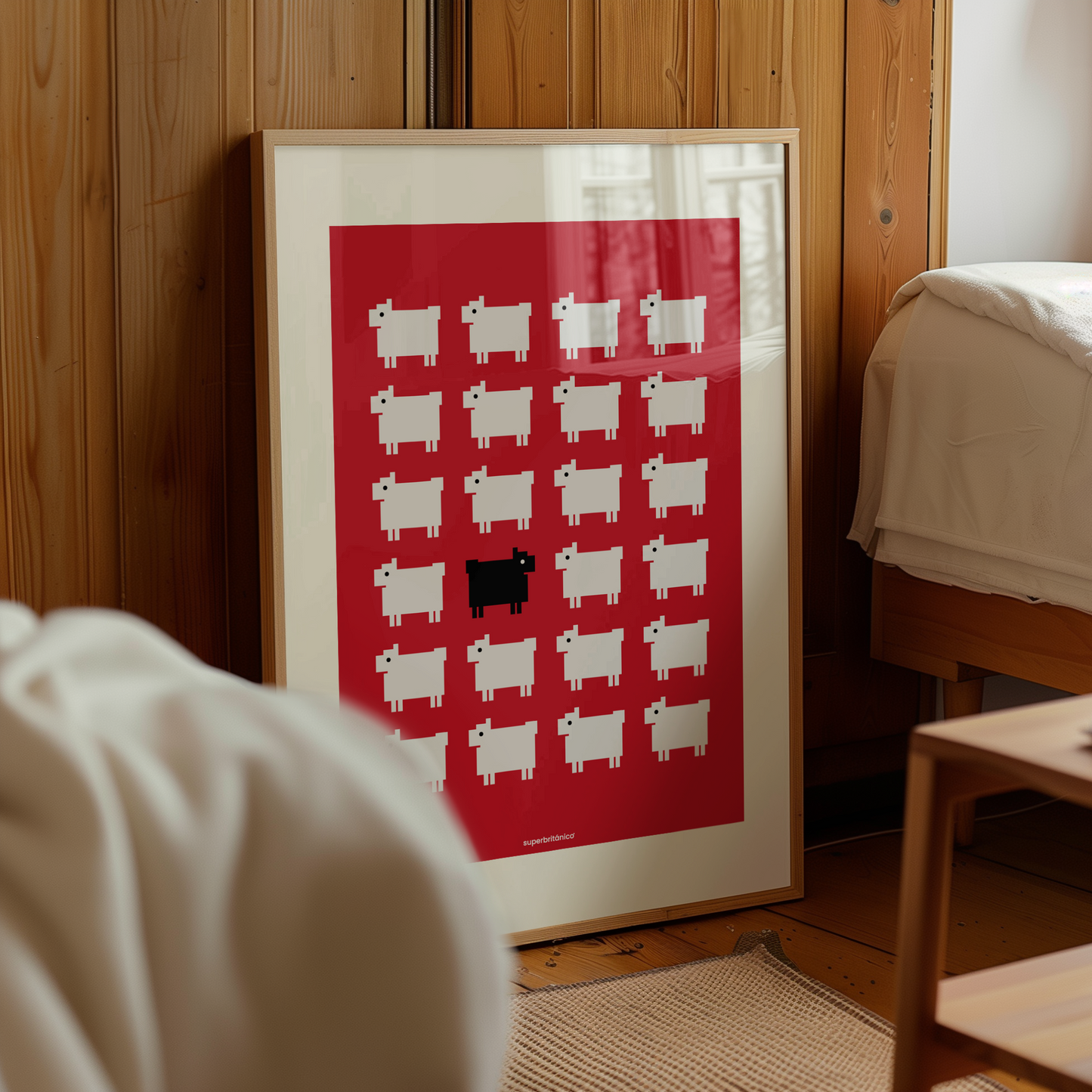 Lámina inspirada en el icónico jersey rojo con ovejas que Diana convirtió en un símbolo de estilo, personalidad y sutil rebeldía. La lámina tiene el fondo rojo con ovejas blancas y una negra ilustradas.