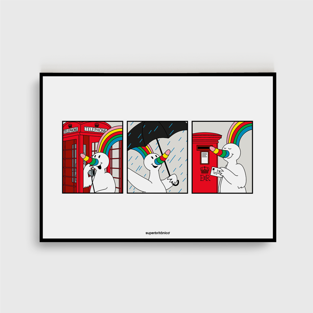 Lámina inspirado en el imaginario viaje de Curro en la capital del Reino Unido. La lámina tiene tres viñetas. En la primera aparece Curro con una cabina de teléfono, en la segunda con un paraguas y, en la tercera, echando una carta en un buzón.