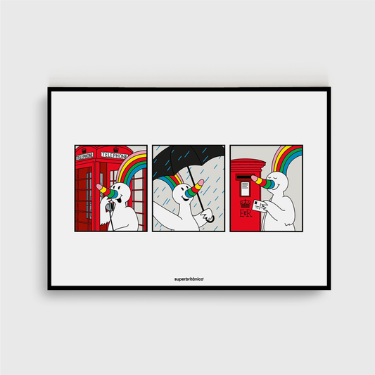 Lámina inspirado en el imaginario viaje de Curro en la capital del Reino Unido. La lámina tiene tres viñetas. En la primera aparece Curro con una cabina de teléfono, en la segunda con un paraguas y, en la tercera, echando una carta en un buzón.