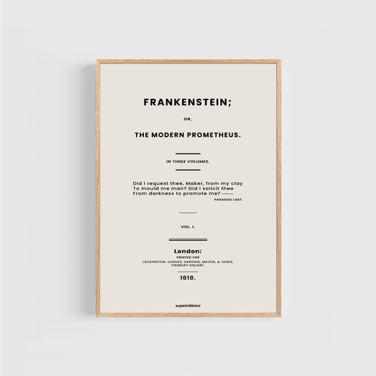 Lámina inspirada en la primera edición de Frankenstein; Or, The Modern Prometheus, novela escrita por Mary Shelley. La lámina es de color beige y los títulos y textos son negros.