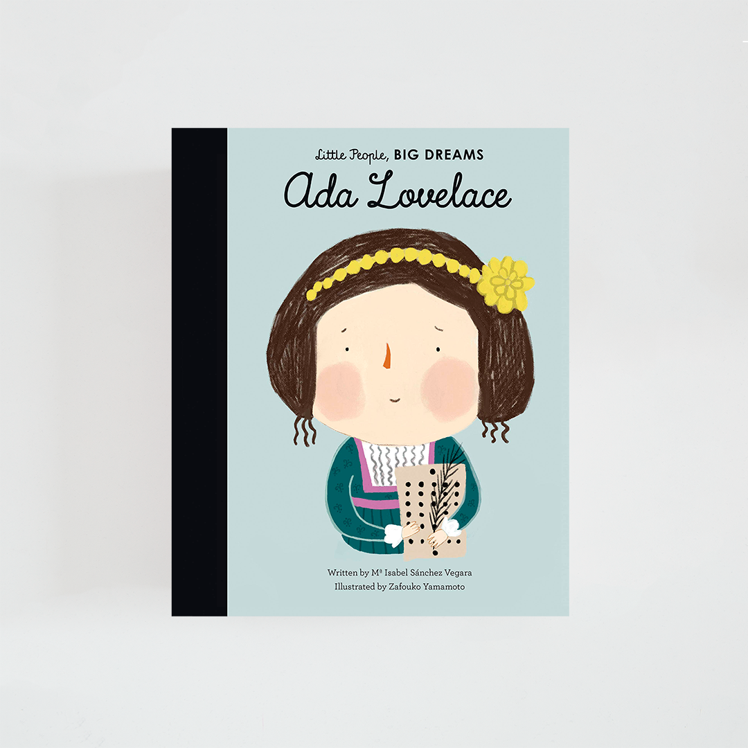 Portada del libro Ada Lovelace de la colección Little People, BIG DREAMS. Ilustración de Ada Lovelace con vestido victoriano y elementos mecánicos inspirados en los primeros conceptos de la informática. Fondo en tonos suaves y título destacado en la parte superior.