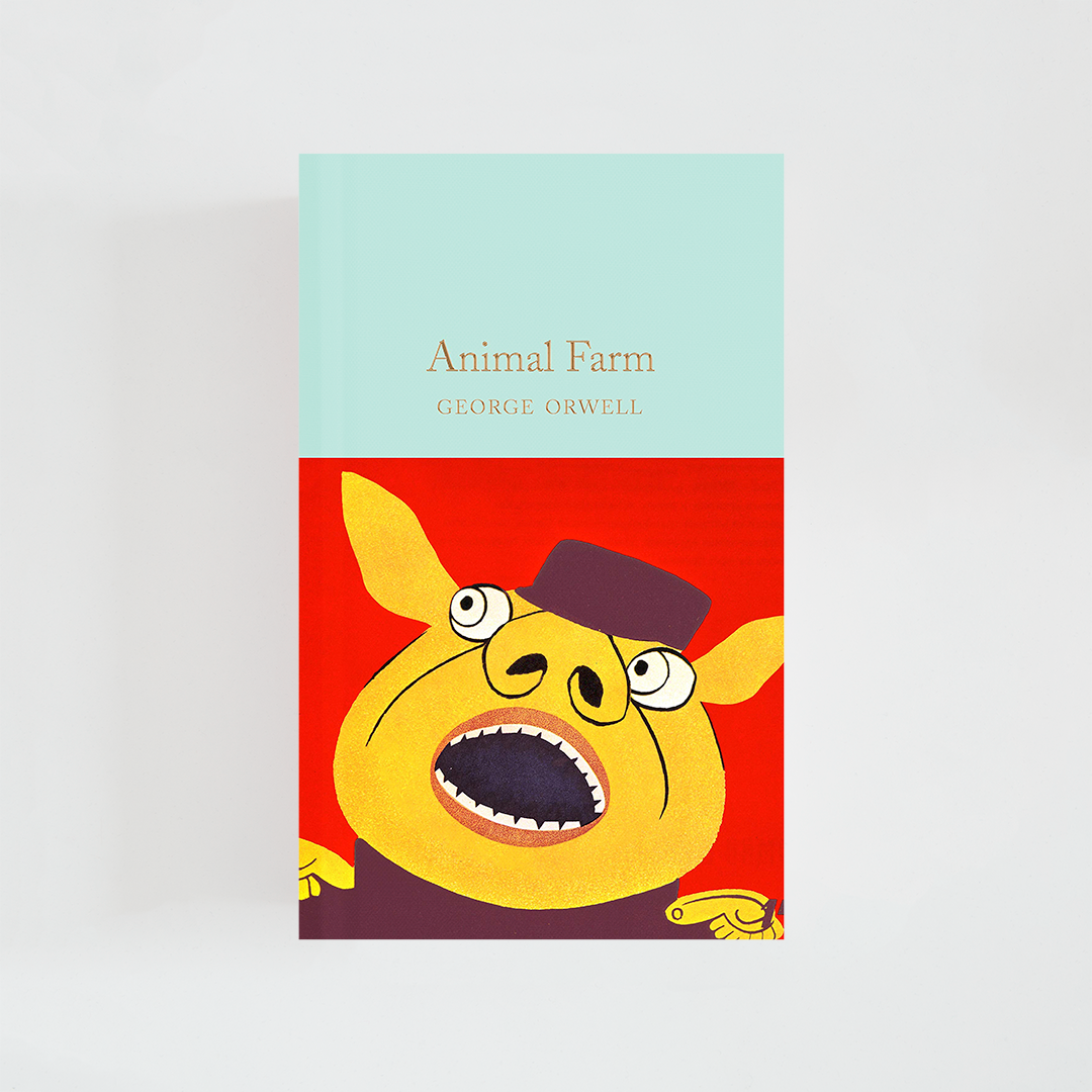Portada del libro Animal Farm de George Orwell (The Collector's Library) de color celeste acompañada de imagen inspirada en la novela.