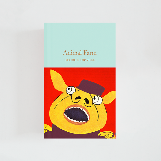 Portada del libro Animal Farm de George Orwell (The Collector's Library) de color celeste acompañada de imagen inspirada en la novela.
