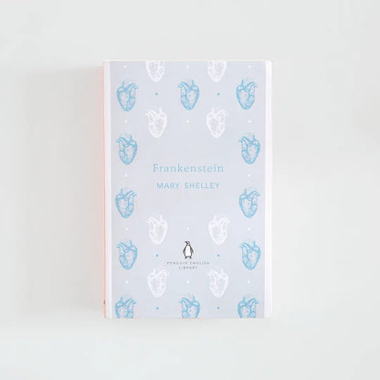 Portada en gris y azul del libro en inglés Frankenstein de Mary Shelley de la colección Penguin English Library sobre fondo blanco.
