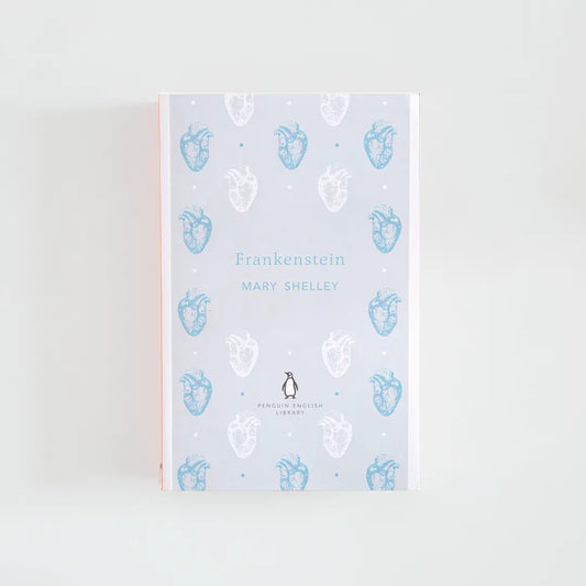 Portada en gris y azul del libro en inglés Frankenstein de Mary Shelley de la colección Penguin English Library sobre fondo blanco.
