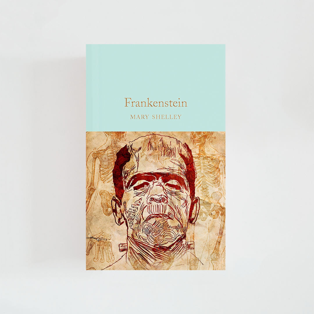 Portada del libro Frankenstein de Mary Shelley (The Collector's Library) de color celeste acompañada de imagen inspirada en la novela.