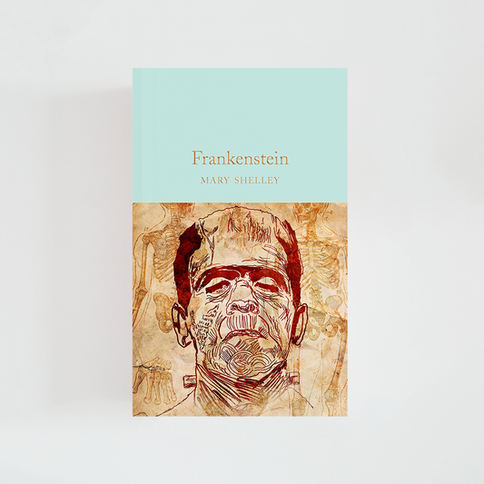 Portada del libro Frankenstein de Mary Shelley (The Collector's Library) de color celeste acompañada de imagen inspirada en la novela.