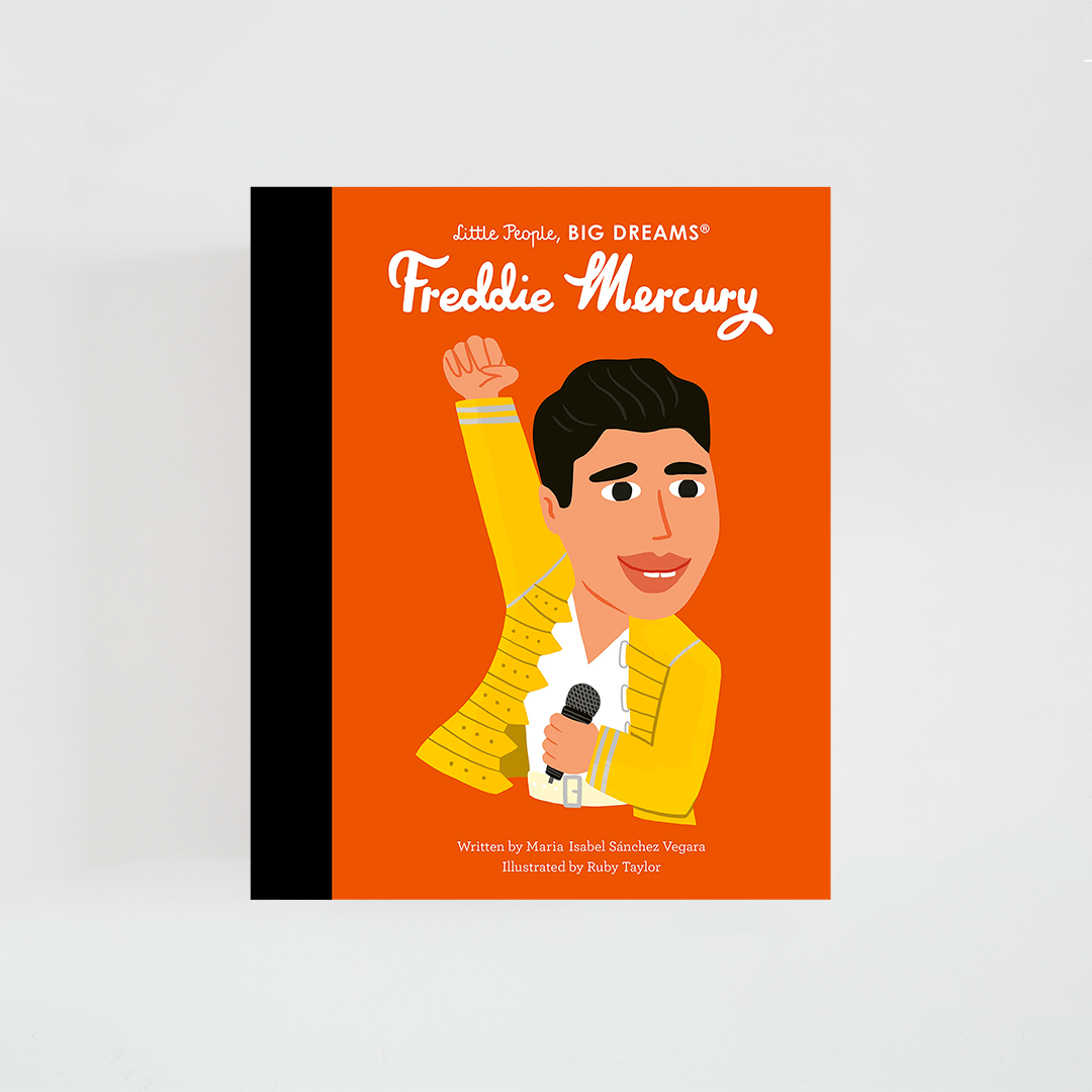 Portada del libro Freddie Mercury de la colección Little People, BIG DREAMS. Ilustración de Freddie Mercury con su característico bigote y una chaqueta amarilla, inspirado en sus actuaciones más emblemáticas. Fondo naranja y título destacado en la parte superior.