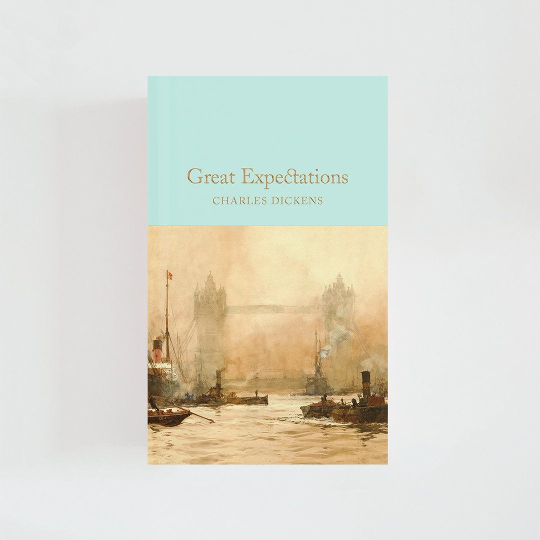 Portada del libro Great Expectations de Charles Dickens (The Collector's Library) de color celeste acompañada de imagen inspirada en la novela.