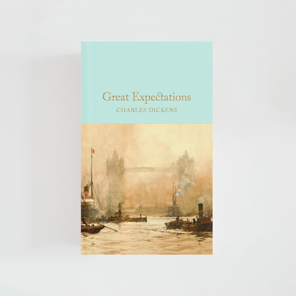 Portada del libro Great Expectations de Charles Dickens (The Collector's Library) de color celeste acompañada de imagen inspirada en la novela.