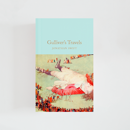 Portada del libro Gulliver's Travels de Jonathan Swift (The Collector's Library) de color celeste acompañada de imagen inspirada en la novela.