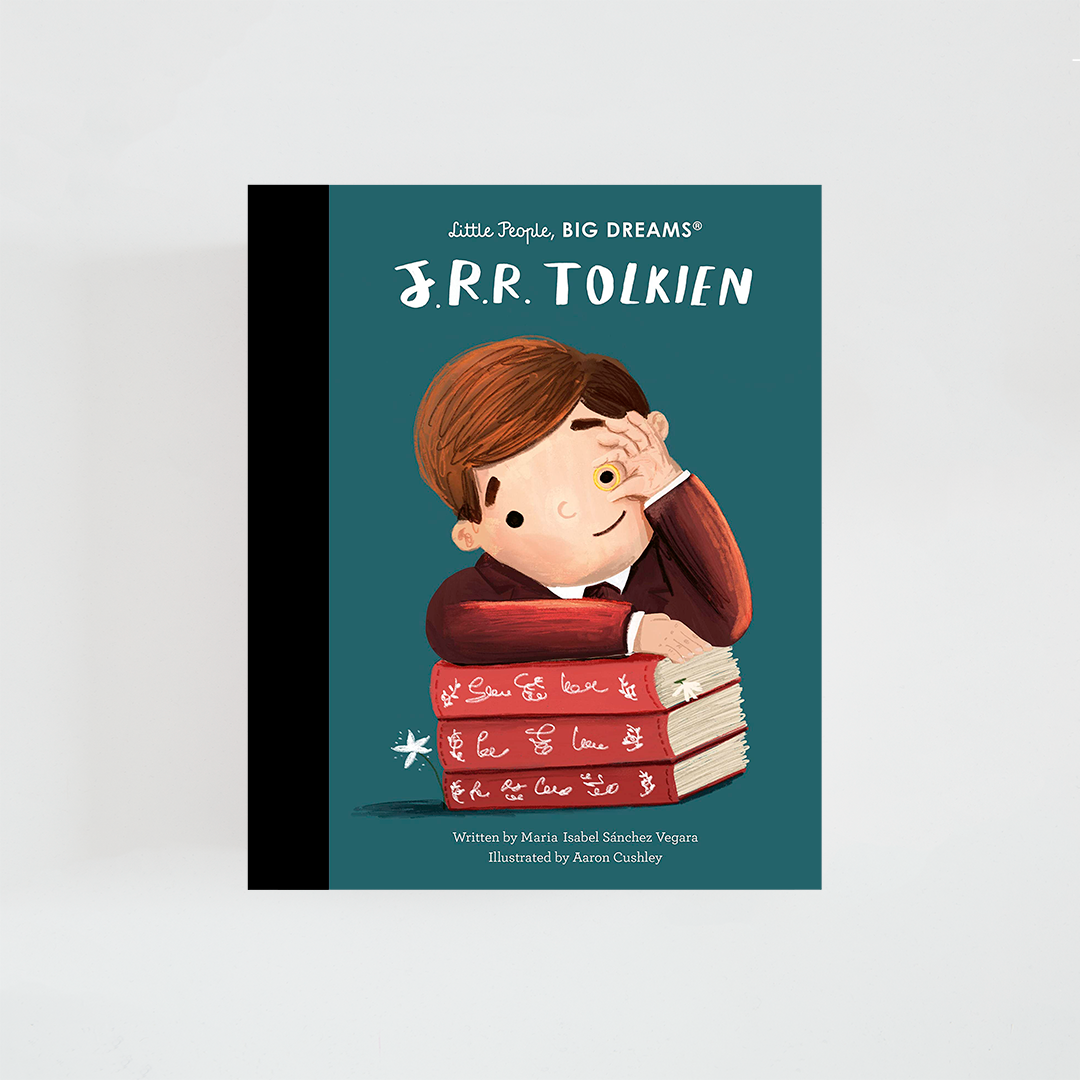 Portada del libro J. R. R. Tolkien de la colección Little People, BIG DREAMS. Ilustración de Tolkien con novelas. Fondo en tono azulado y título destacado en la parte superior.