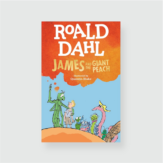 Portada del libro James and the Giant Peach de Roald Dahl de color naranja con ilustraciones varias.