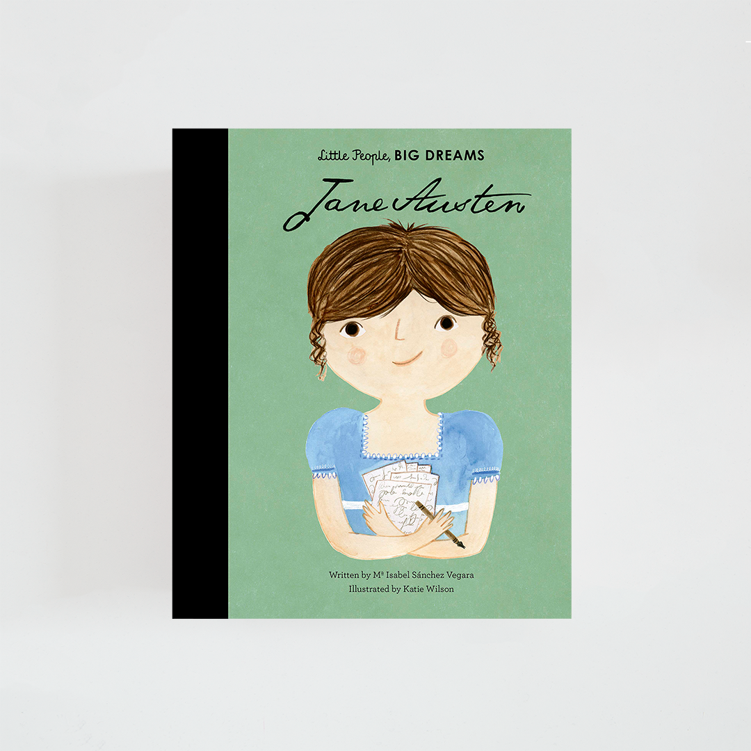 Portada del libro Jane Austen de la colección Little People, BIG DREAMS. Ilustración de Jane Austen con vestido de época y un libro entre las manos, inspirada en la Inglaterra de finales del siglo XVIII y principios del XIX. Fondo en tonos suaves y título destacado en la parte superior.