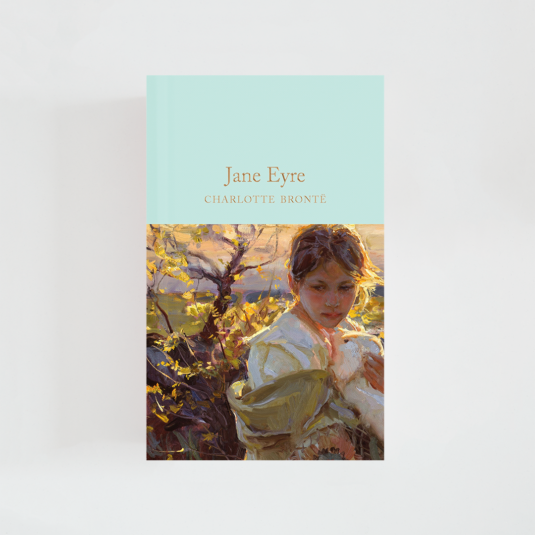 Portada del libro Jane Eyre de Charlotte Brontë (The Collector's Library) de color celeste acompañada de imagen inspirada en la novela.
