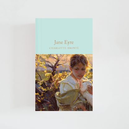 Portada del libro Jane Eyre de Charlotte Brontë (The Collector's Library) de color celeste acompañada de imagen inspirada en la novela.