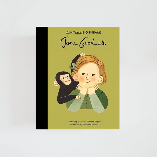 Portada del libro Jane Goodall de la colección Little People, BIG DREAMS. Ilustración de Jane Goodall rodeada de chimpancés en un entorno natural, inspirada en sus investigaciones en África. Fondo en tonos verdes y título destacado en la parte superior.