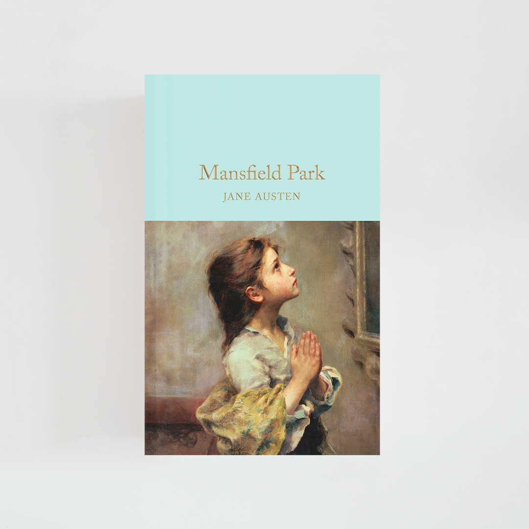 Portada del libro Mansfield Park de Jane Austen (The Collector's Library) de color celeste acompañada de imagen inspirada en la novela.