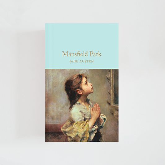Portada del libro Mansfield Park de Jane Austen (The Collector's Library) de color celeste acompañada de imagen inspirada en la novela.