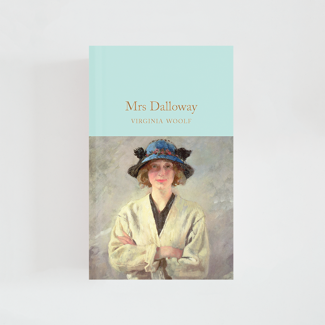 Portada del libro Mrs Dalloway de Virginia Woolf (The Collector's Library) de color celeste acompañada de imagen inspirada en la novela.