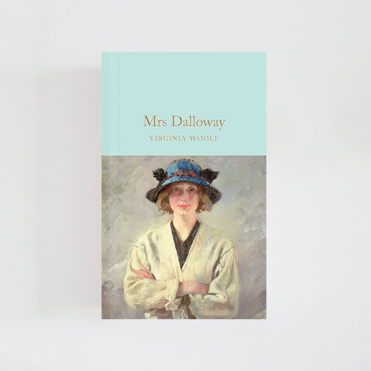 Portada del libro Mrs Dalloway de Virginia Woolf (The Collector's Library) de color celeste acompañada de imagen inspirada en la novela.