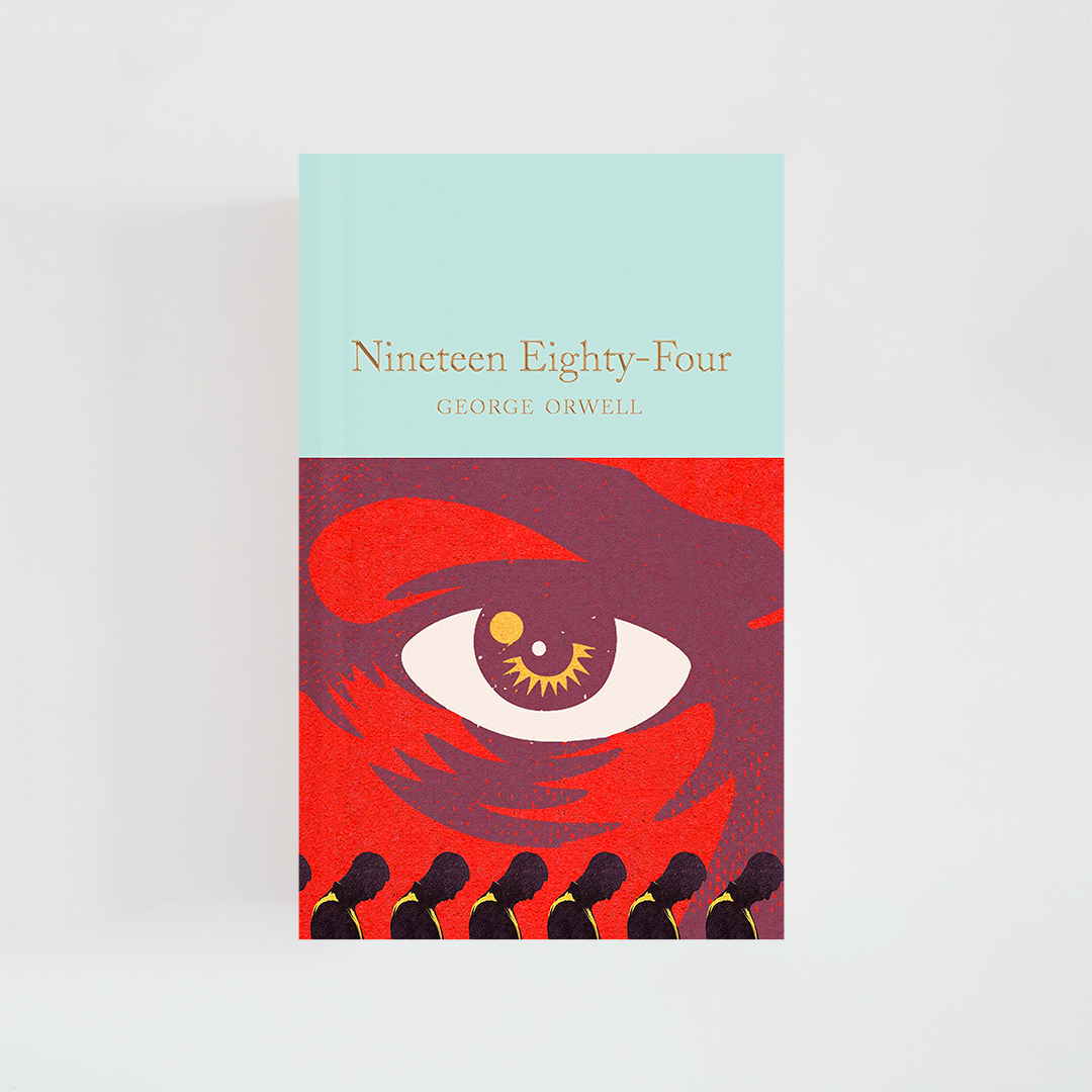 Portada del libro Nineteen Eighty-Four de George Orwell (The Collector's Library) de color celeste acompañada de imagen inspirada en la novela.