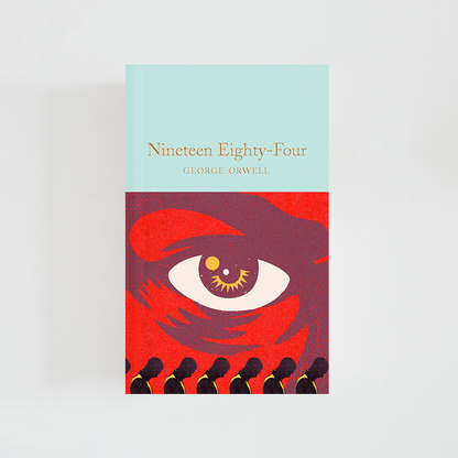 Portada del libro Nineteen Eighty-Four de George Orwell (The Collector's Library) de color celeste acompañada de imagen inspirada en la novela.