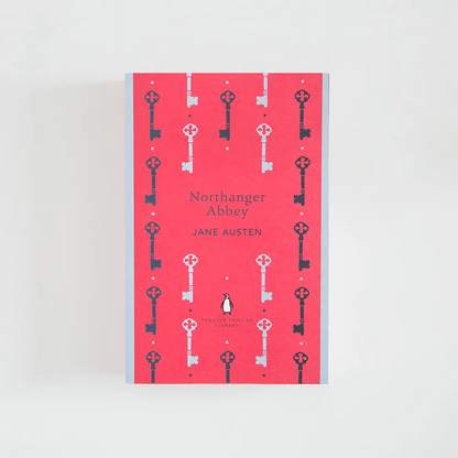 Portada rojo y celeste del libro en inglés Northanger Abbey  de Jane Austen de la colección Penguin English Library sobre fondo blanco.
