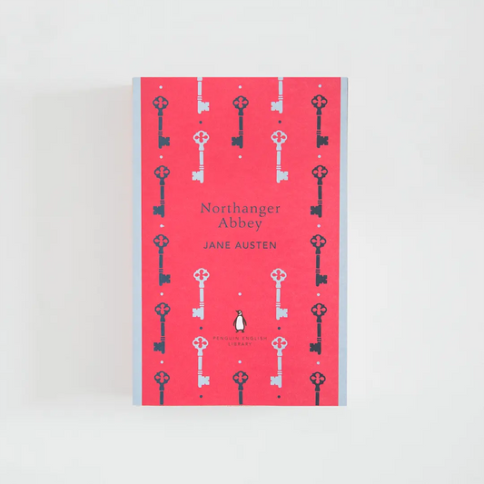 Portada rojo y celeste del libro en inglés Northanger Abbey  de Jane Austen de la colección Penguin English Library sobre fondo blanco.
