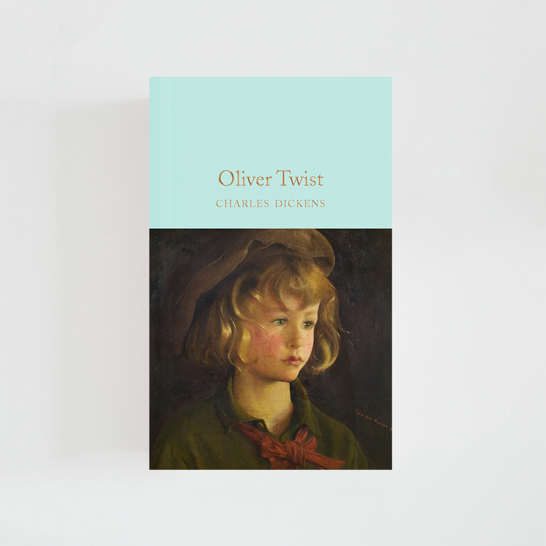 Portada del libro Oliver Twist de Charles Dickens (The Collector's Library) de color celeste acompañada de imagen inspirada en la novela.