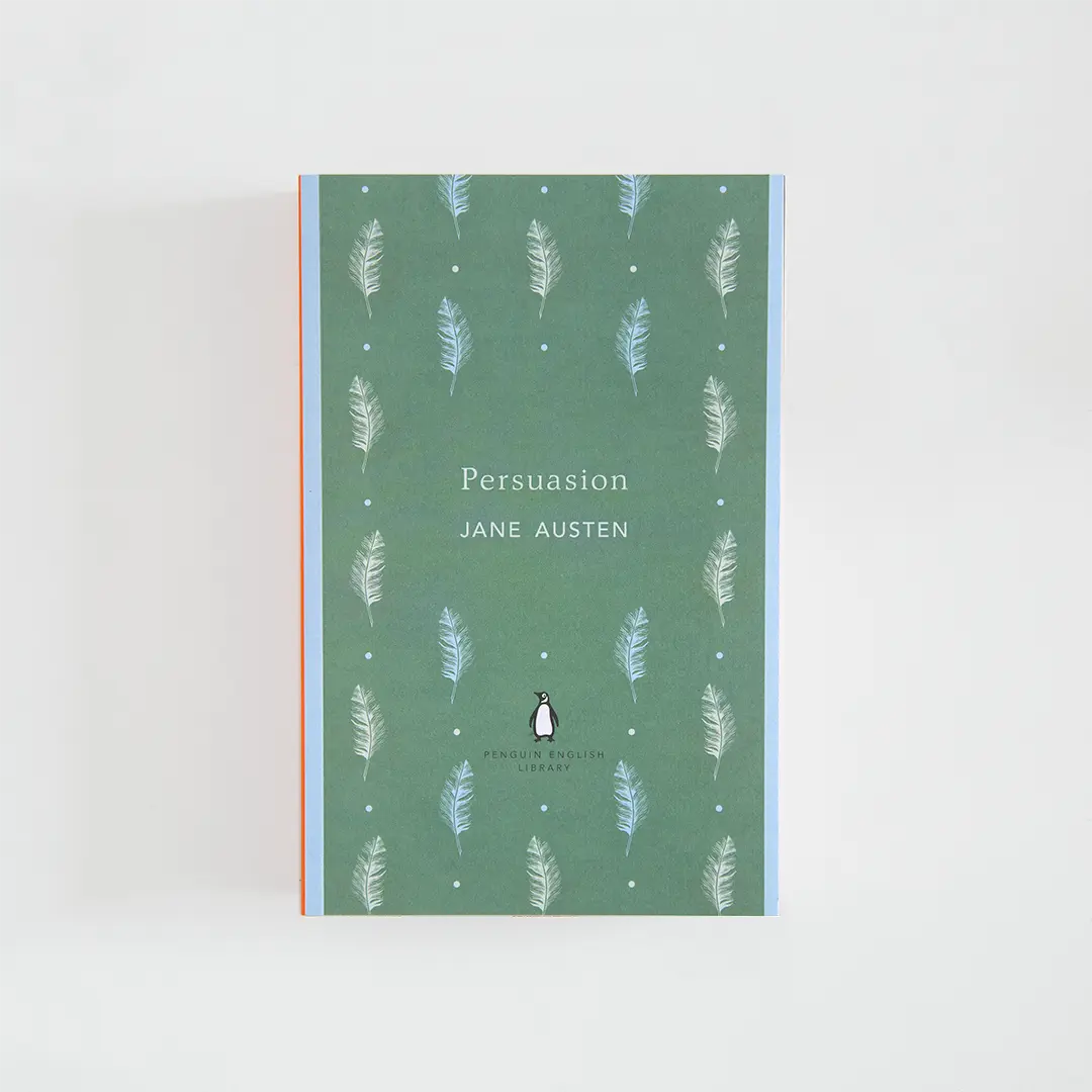 Portada verde y celeste del libro en inglés Persuasion de Jane Austen de la colección Penguin English Library sobre fondo blanco.
